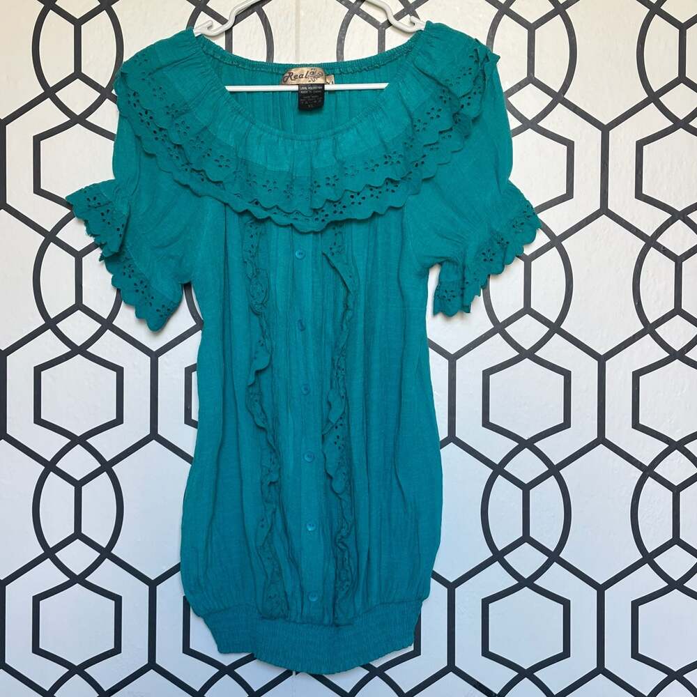 Real Teal Green Bohemian Peasant Top Blouse with Eyelet Ruffles Size XL